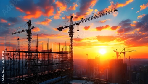 Dynamic sunset backdrop illuminating an active construction site with cranes and scaffolding, embodying vibrant industry and movement