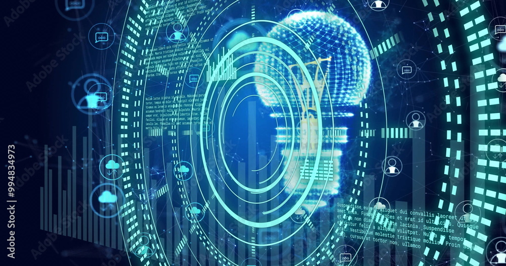 Image of circular scanner and data processing, light bulb and networks on dark background Image of circular scanner and data processing, light bulb and networks on dark background