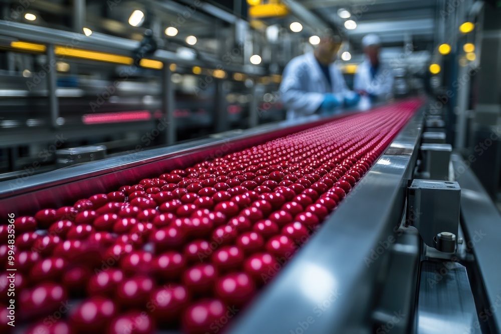 Pharmaceutical Precision: Workers in Lab Coats Oversee Bright Red Tablets on a High-Tech Conveyor Pharmaceutical Precision: Workers in Lab Coats Oversee Bright Red Tablets on a High-Tech Conveyor