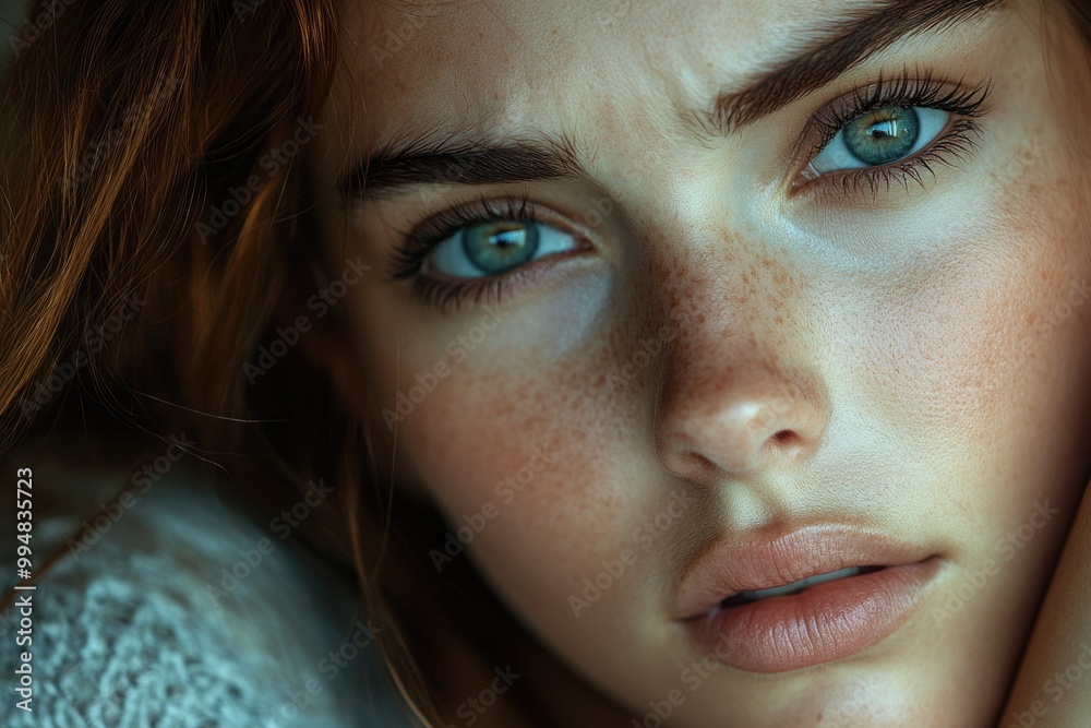 Capturing Beauty Amidst Stress: A Close-Up of a Worried Young Lady's Poised Expression Capturing Beauty Amidst Stress: A Close-Up of a Worried Young Lady's Poised Expression