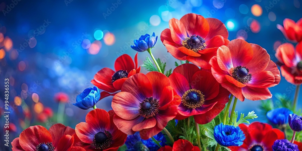 Vibrant red and blue anemones with bokeh background, a delicate floral arrangement in vivid hues