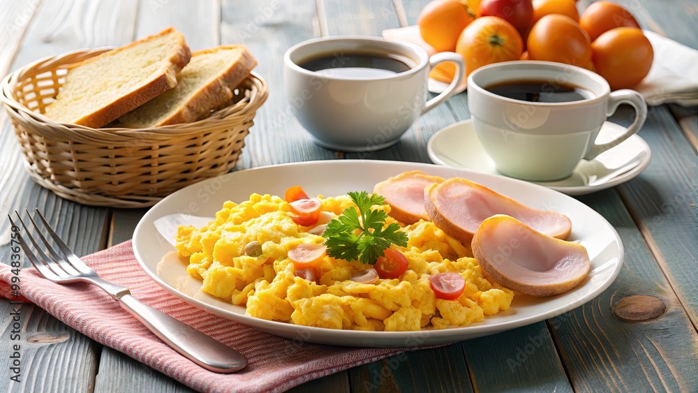 Scrambled eggs with tomatoes, ham, and a side of toast on a blue wooden table Scrambled eggs with tomatoes, ham, and a side of toast on a blue wooden table