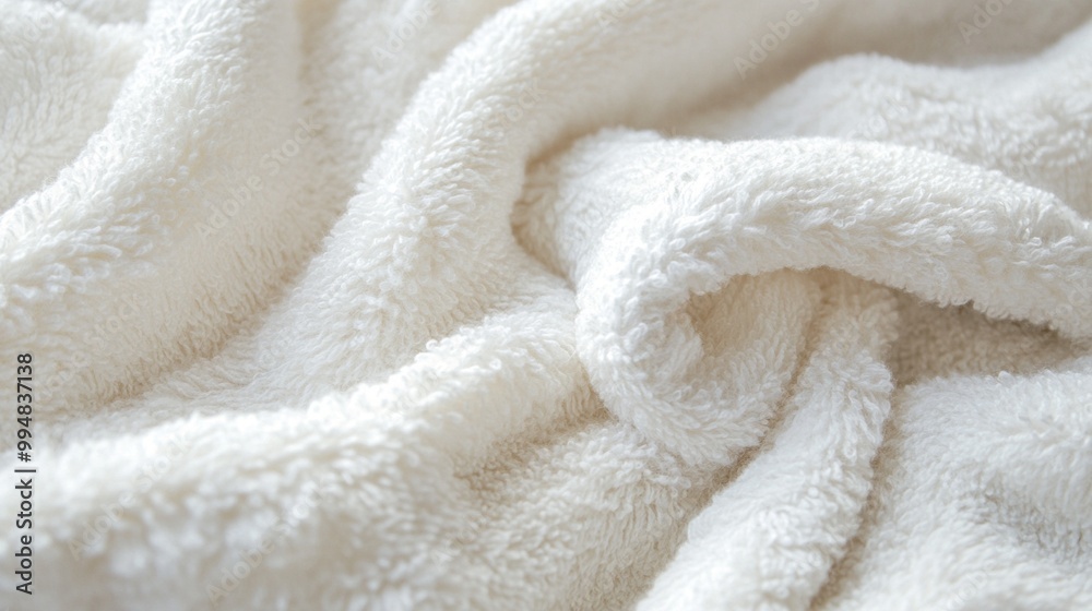 Soft, plush white towel texture close-up showing fluffy folds and fibers. Luxurious fabric background for spa, bathroom, or hygiene concepts. Soft, plush white towel texture close-up showing fluffy folds and fibers. Luxurious fabric background for spa, bathroom, or hygiene concepts.