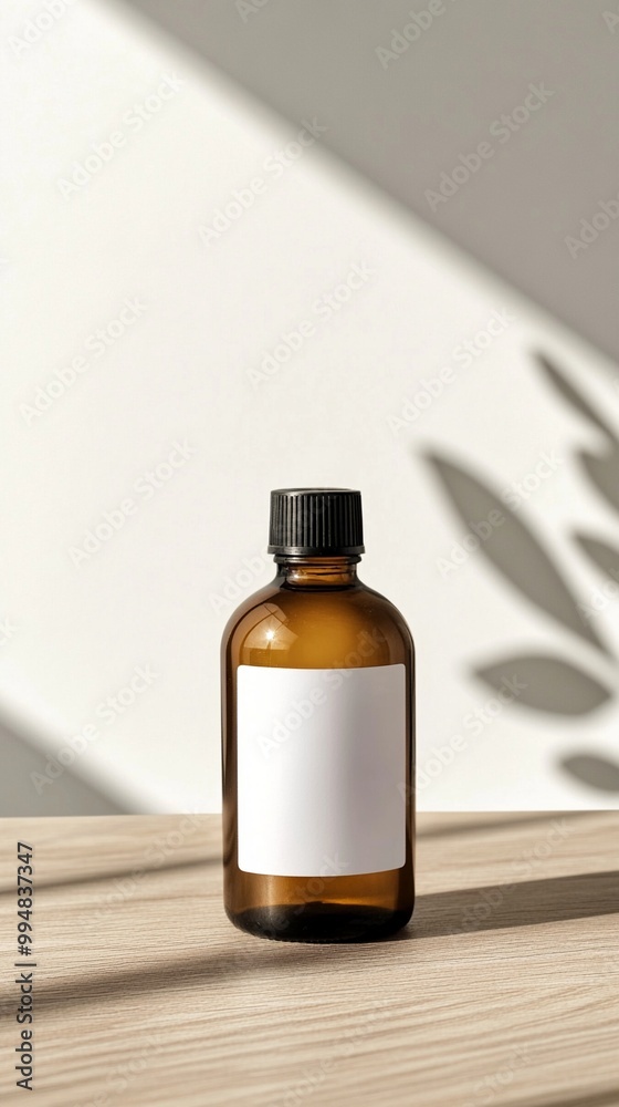 Amber glass bottle with blank label on wooden surface, cast in soft sunlight and plant shadow, embodying natural skincare and aromatherapy aesthetics.