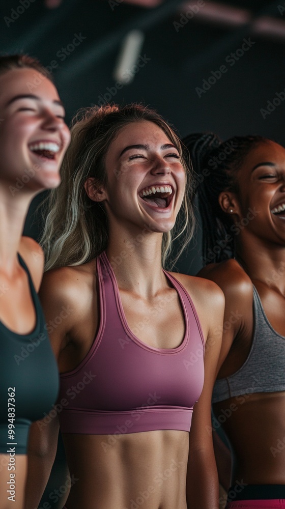 Joyful energy radiates from a group of diverse women in athletic wear, their faces lit up with genuine laughter during what appears to be a fun fitness session. Joyful energy radiates from a group of diverse women in athletic wear, their faces lit up with genuine laughter during what appears to be a fun fitness session.