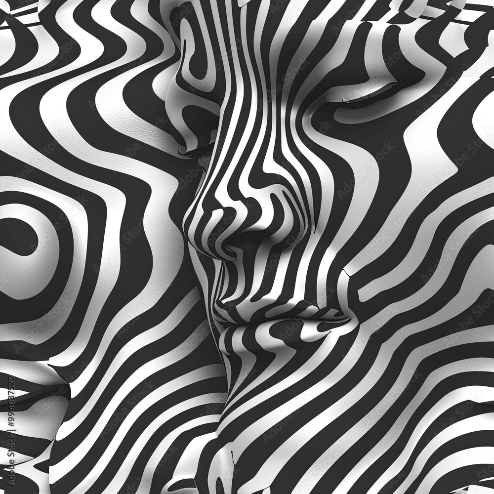 optical illusion in black and white, featuring wavy lines that form a surreal human face. This captivating design is perfect for enhancing digital art projects,  and unique art installations