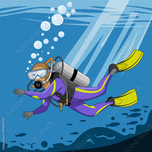 Cartoon diver swimming underwater in a purple wetsuit