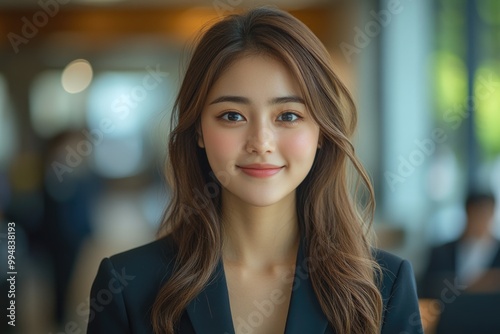 Wallpaper Mural Confident Young Asian Businesswoman in Stylish Suit Smiles Brightly in Modern Office Setting Torontodigital.ca