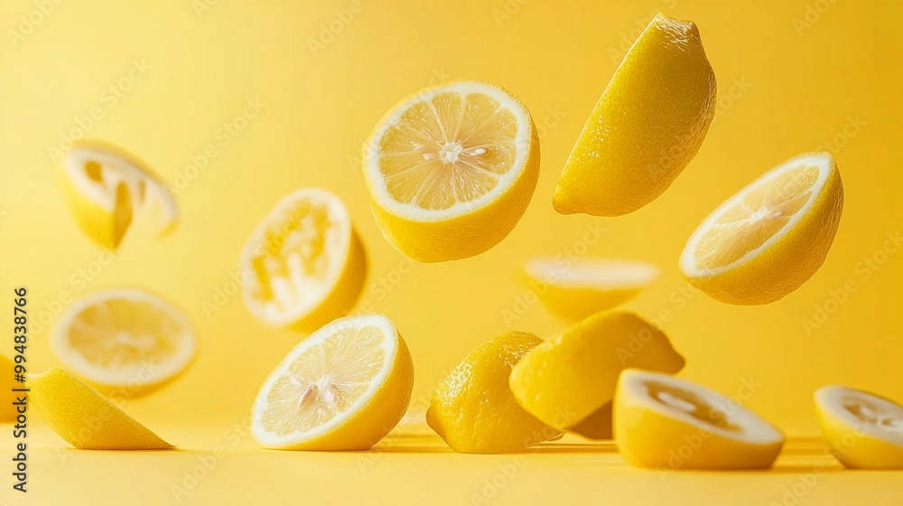 Vibrant yellow lemons in various cuts - whole, halved, and sliced - floating dynamically against a sunny yellow background, creating a fresh, zesty visual feast. Vibrant yellow lemons in various cuts - whole, halved, and sliced - floating dynamically against a sunny yellow background, creating a fresh, zesty visual feast.