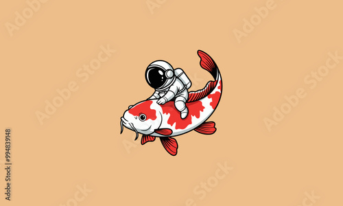 Astronaut riding a koi fish on a beige background