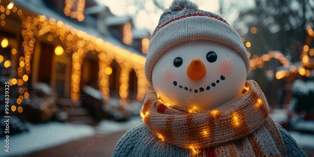 Naklejka premium snowman with a scarf and hat standing in front American mansion decorated with many colorful lights garlands with light decorations in front of the house, with lights and a bokeh effect