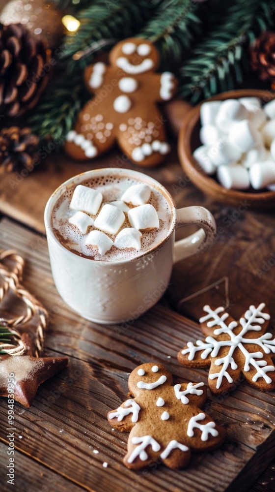 Cozy winter scene with hot cocoa topped with marshmallows, surrounded by festive gingerbread cookies and pine cones on a rustic wooden table.