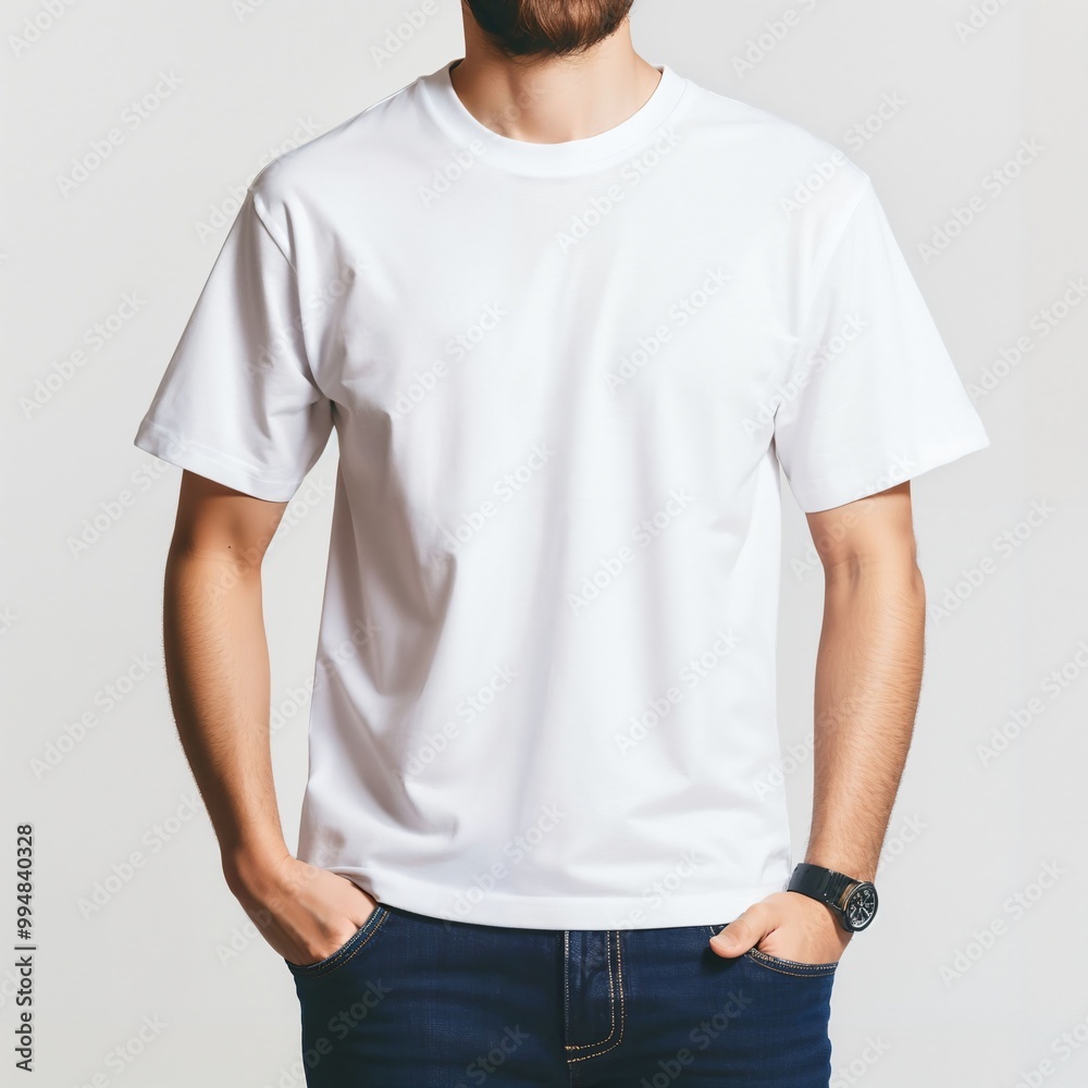 Stylish male model confidently showcasing a classic white t-shirt, paired with denim jeans against a clean backdrop, embodying modern fashion and casual elegance. Stylish male model confidently showcasing a classic white t-shirt, paired with denim jeans against a clean backdrop, embodying modern fashion and casual elegance.