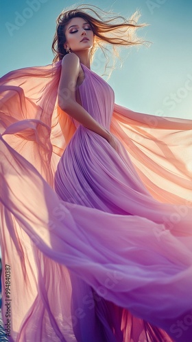 Ethereal beauty in flowing lavender gown, hair windswept, stands against azure sky. Fabric billows gracefully, creating a mesmerizing silhouette of femininity and freedom.