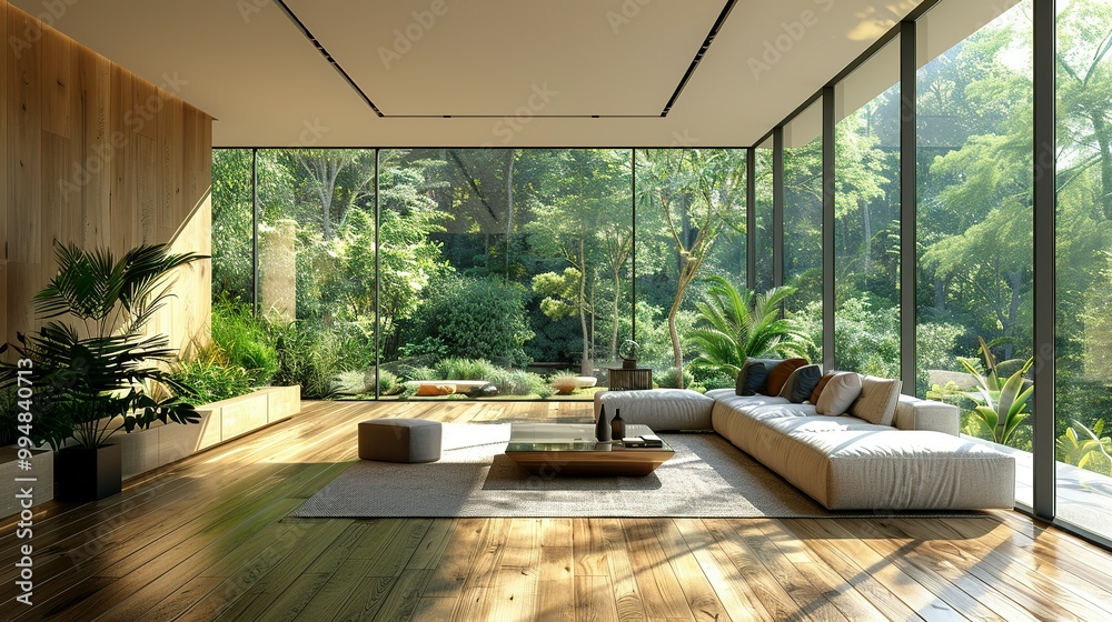 A spacious modern living room, with sleek furniture and green plants accentuating the luxury, large windows casting soft light on the wooden floor A spacious modern living room, with sleek furniture and green plants accentuating the luxury, large windows casting soft light on the wooden floor