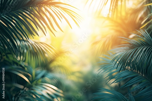 Blur background of dense tropical jungle with palm trees. Realistic 3D render of an exotic forest. Wilderness exploration and tropical flora concept. generative ai