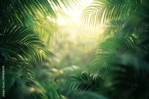 Blur background of dense tropical jungle with palm trees. Realistic 3D render of an exotic forest. Wilderness exploration and tropical flora concept. generative ai photo