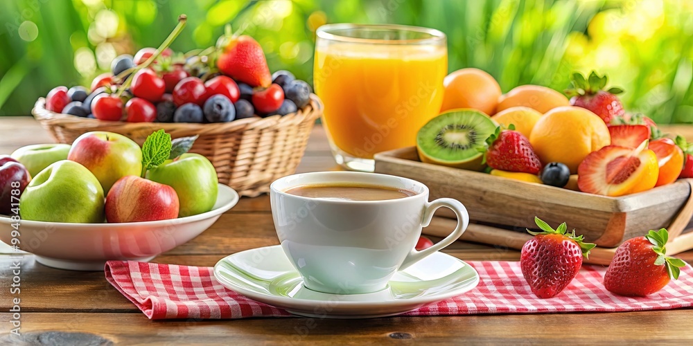 A refreshing breakfast setting with a cup of coffee, a glass of orange juice, and a colorful assortment of fresh fruits, all arranged on a wooden table with a checkered tablecloth.