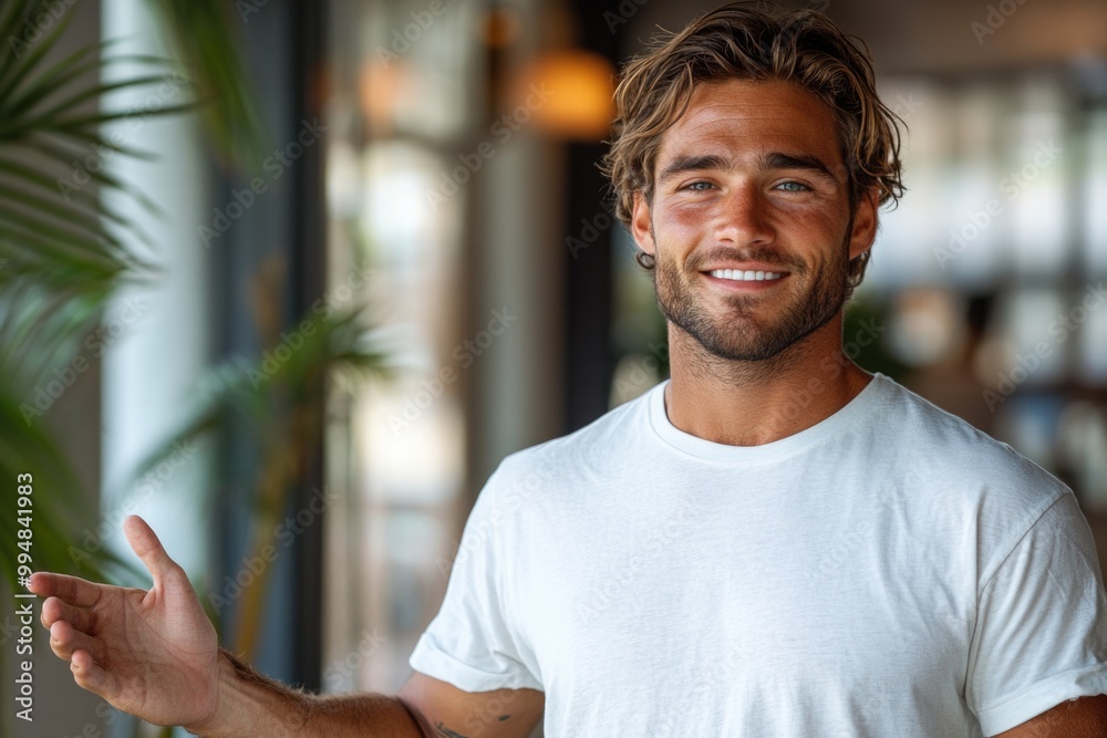 Charming Young Man in White T-Shirt Welcomes You with a Warm Smile and Open Hand Charming Young Man in White T-Shirt Welcomes You with a Warm Smile and Open Hand