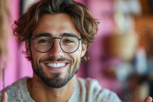 Charming Young Man in Glasses: Smiling and Pointing with Style Against a Clean Background