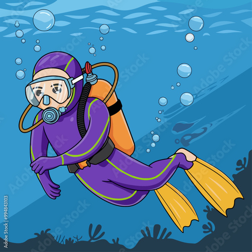 Cartoon diver swimming underwater in a purple wetsuit