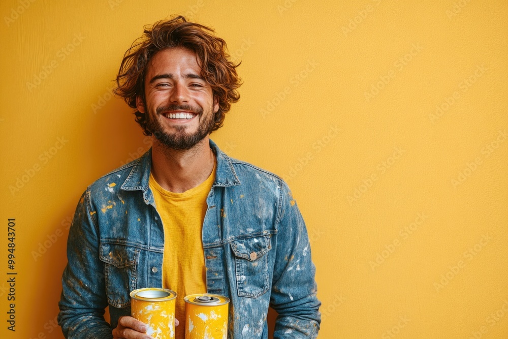Creative Young Man Painting with Roller Against a Bright Yellow Background Creative Young Man Painting with Roller Against a Bright Yellow Background
