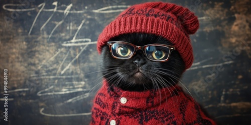 A playful black cat dons a stylish red hat and glasses while striking a charming pose against a textured dark backdrop, adding a whimsical touch to a cozy indoor setting photo