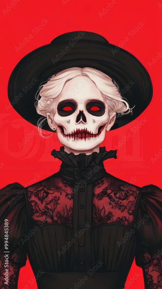 A haunting skeleton figure in a dark Victorian dress, red background, eerie allure. A haunting skeleton figure in a dark Victorian dress, red background, eerie allure.