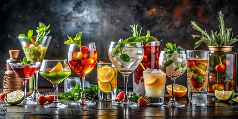 A refreshing assortment of summer cocktails, each adorned with vibrant fruit and fresh herbs, capturing the essence of a delightful evening gathering. A refreshing assortment of summer cocktails, each adorned with vibrant fruit and fresh herbs, capturing the essence of a delightful evening gathering.