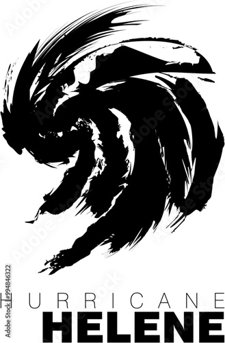 An abstract vector illustration of Hurricane Helene in black brush strokes on an isolated white background