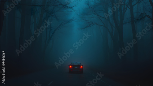 Foggy Forest Road with Car Driving Through in a Dark and Moody Atmosphere