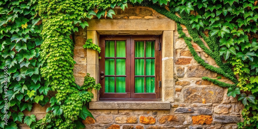 A stone wall with lush green ivy cascading down and a wooden window framed with stone A stone wall with lush green ivy cascading down and a wooden window framed with stone