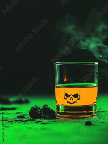 A whiskey glass with skull design, filled with vibrant orange drink, on dark green background. photo