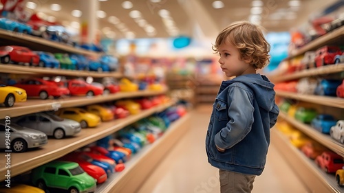 Child in a toy store looking at colorful toy cars and vehicles