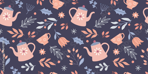 Cozy autumn winter pattern with cups, teapots, leaves, flowers, plants