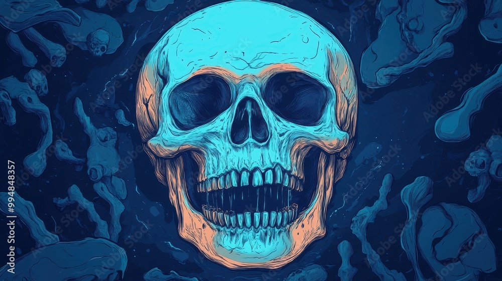 Fototapeta premium Artistic depiction of a skull with blue accents on a dark background.