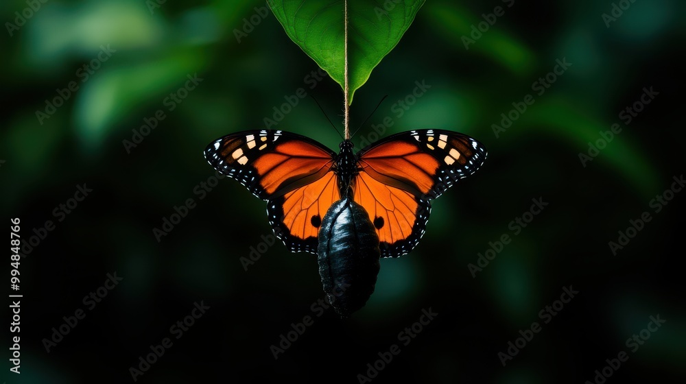 Fototapeta premium Beautiful orange butterfly hanging from a green leaf in a lush environment.
