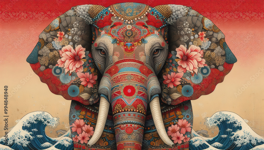 Naklejka premium 日本画（Japanese painting）／象（Elephant） 浮世絵 イラスト