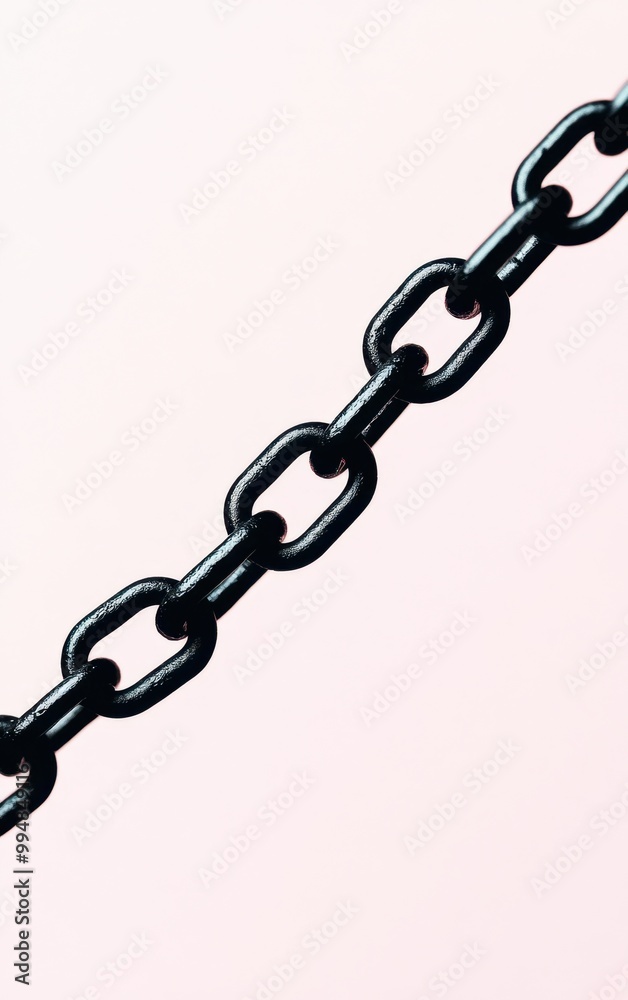 Fototapeta premium Black chain link against a soft pink background, ideal for industrial themes.