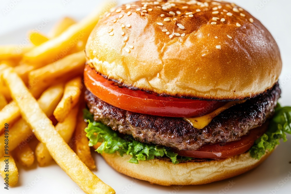 Close up of tasty burger isolated on white background. french fries and the burger with meat, cooking a burger at home. junk fast food. generative ai Close up of tasty burger isolated on white background. french fries and the burger with meat, cooking a burger at home. junk fast food. generative ai