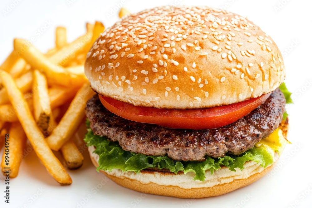 Close up of tasty burger isolated on white background. french fries and the burger with meat, cooking a burger at home. junk fast food. generative ai
