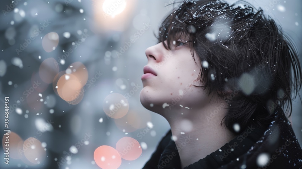Contemplative Young Man in Snowfall, Winter Portrait with Snowflakes and Bokeh Lights Contemplative Young Man in Snowfall, Winter Portrait with Snowflakes and Bokeh Lights