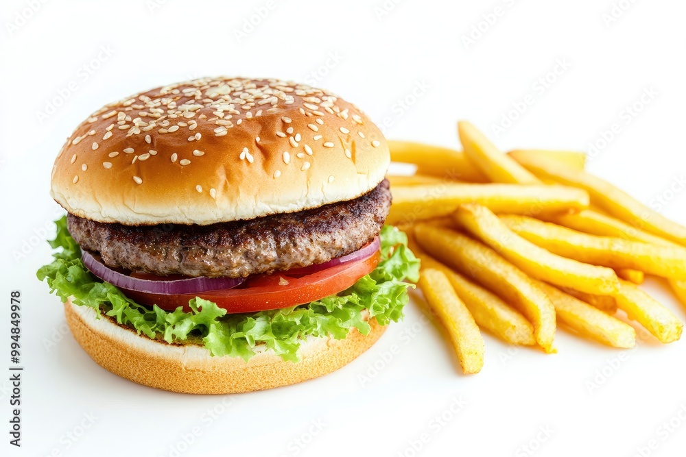 Close up of tasty burger isolated on white background. french fries and the burger with meat, cooking a burger at home. junk fast food. generative ai Close up of tasty burger isolated on white background. french fries and the burger with meat, cooking a burger at home. junk fast food. generative ai