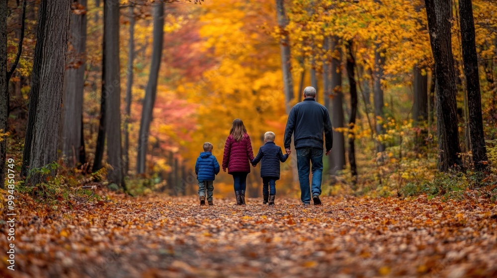 Fototapeta premium Family Walking on Autumn Trail in Forest