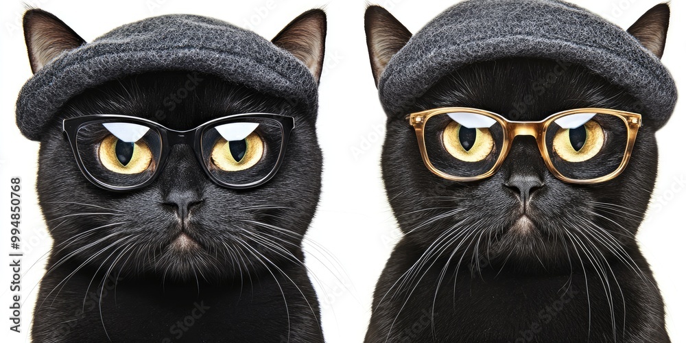 A stylish cat wearing a cozy hat and fashionable glasses strikes a pose, showcasing its unique charm in a playful indoor setting, bringing warmth and whimsy to the moment