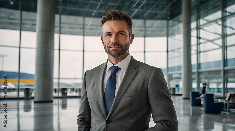 Portrait of a handsome businessman looking out of a glass wall at an airport Portrait of a handsome businessman looking out of a glass wall at an airport