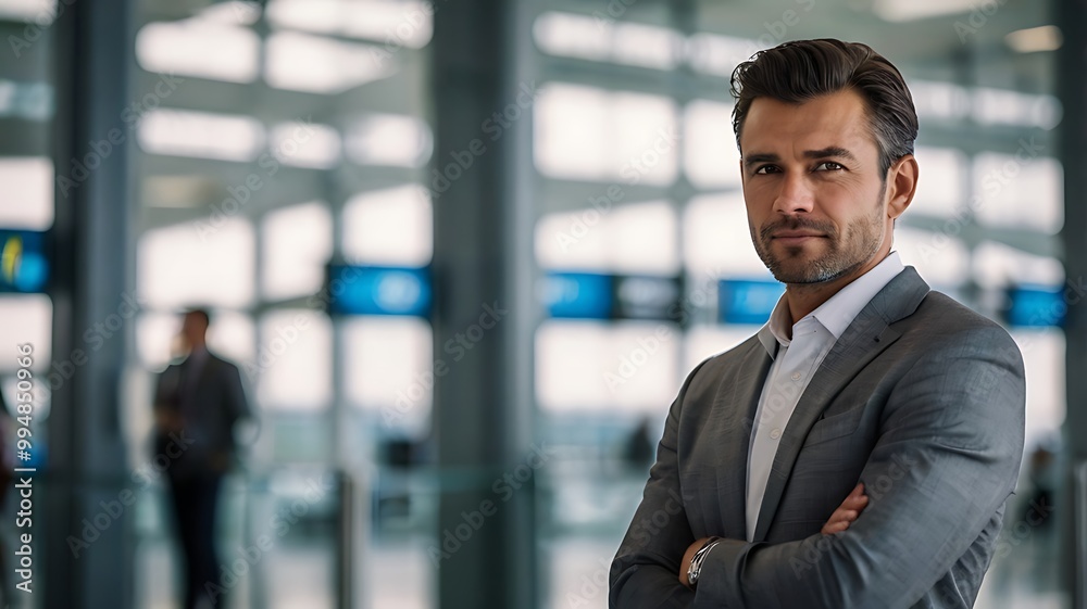 Portrait of a handsome businessman looking out of a glass wall at an airport Portrait of a handsome businessman looking out of a glass wall at an airport