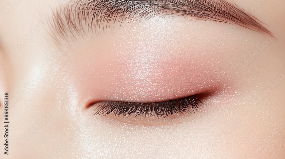 Obraz premium Close-up of an elegant closed eye with soft makeup on a white isolated background.