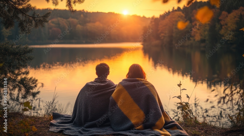 Couple Sitting by Lake Wrapped in Blankets at Sunset Couple Sitting by Lake Wrapped in Blankets at Sunset