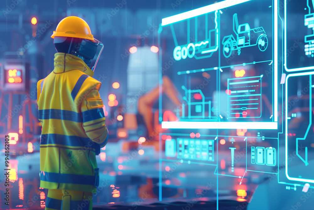 Engineer with safety uniform working on holographic data visualizations or petroleum industry. Industrial and factory plants interface modern technology and advanced machinery. Engineer with safety uniform working on holographic data visualizations or petroleum industry. Industrial and factory plants interface modern technology and advanced machinery.